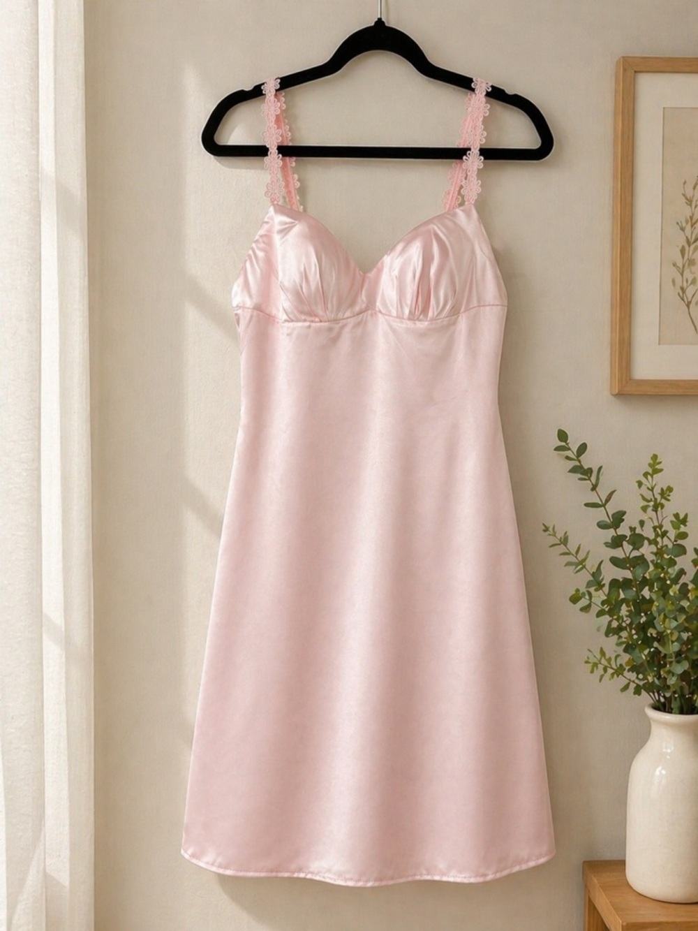 Amazon Pale Pink Satin Lace-Trim Mini Dress - Picture 2 of 3